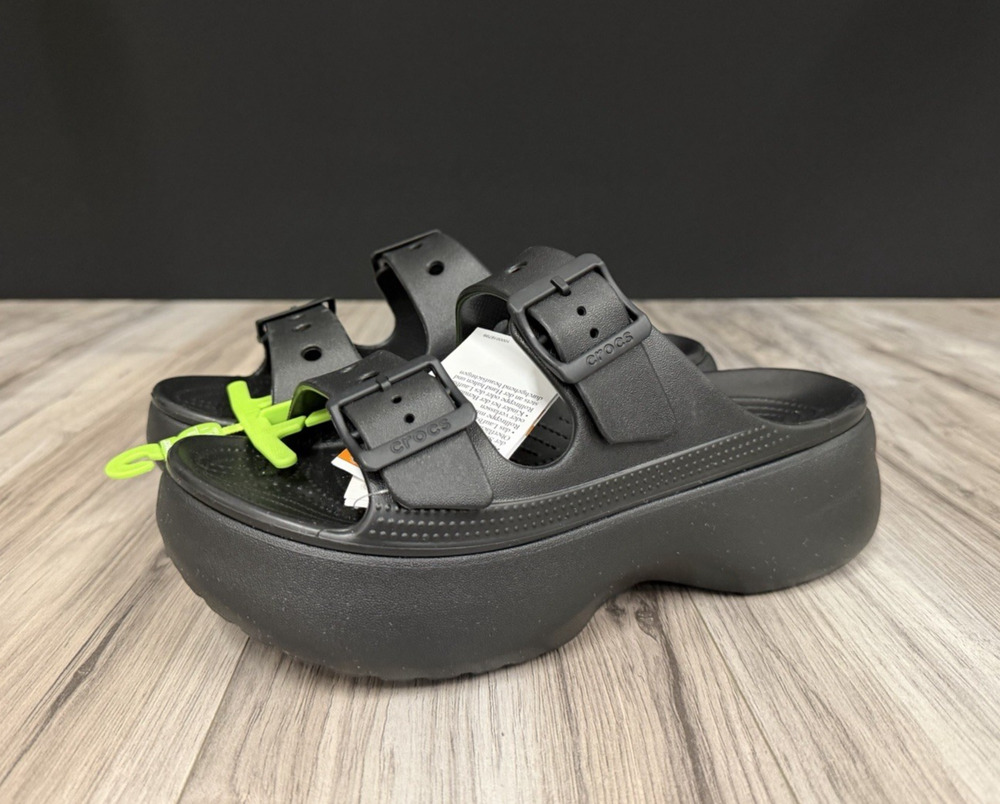 Crocs Saturday Platform Sandal Black Buckle Slides 212880-001 Womens Size 10 NEW